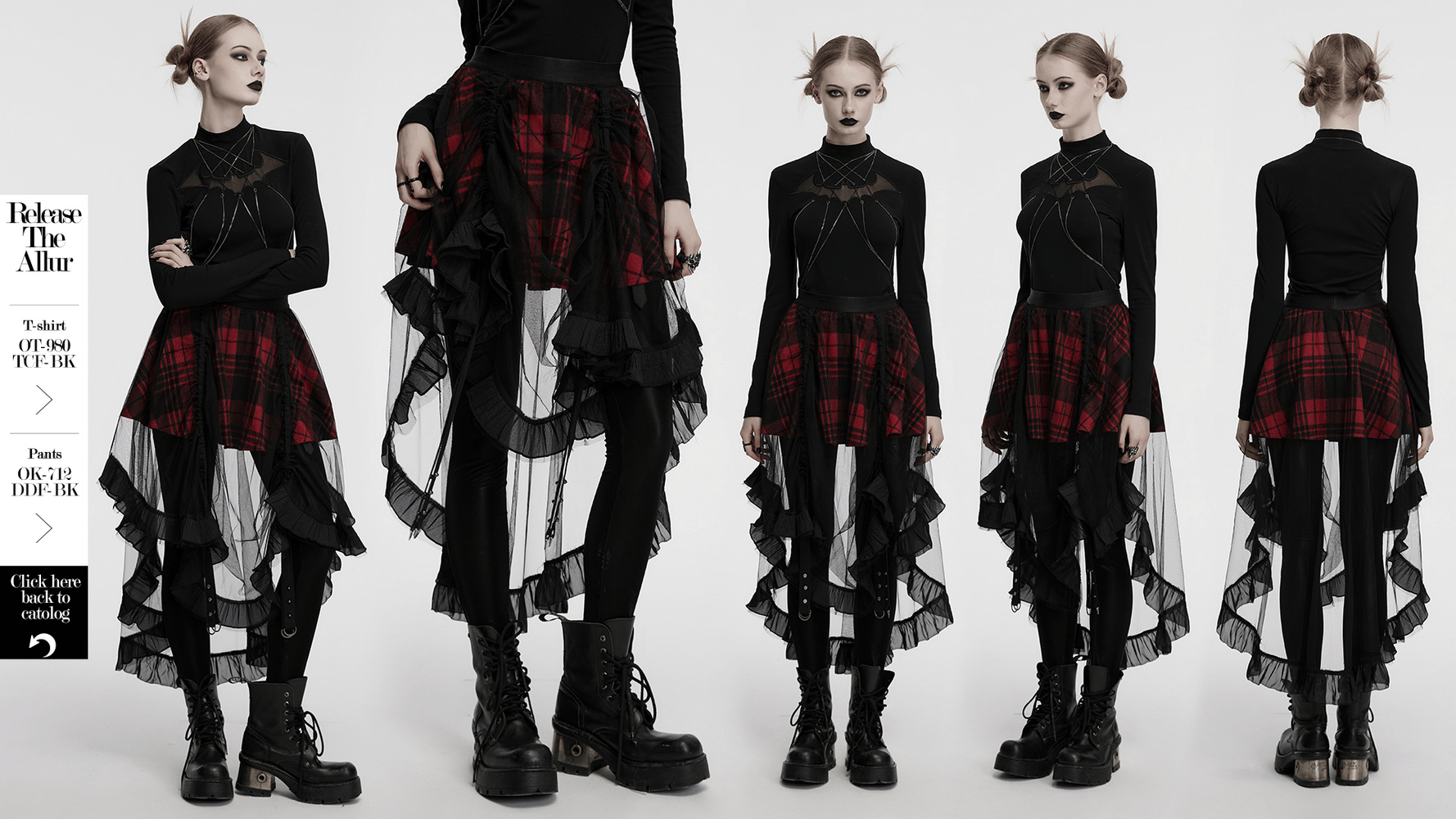 Gothic high-low tulle skirt with red plaid design, styled with ruffles and pleats for a punk-inspired look.
