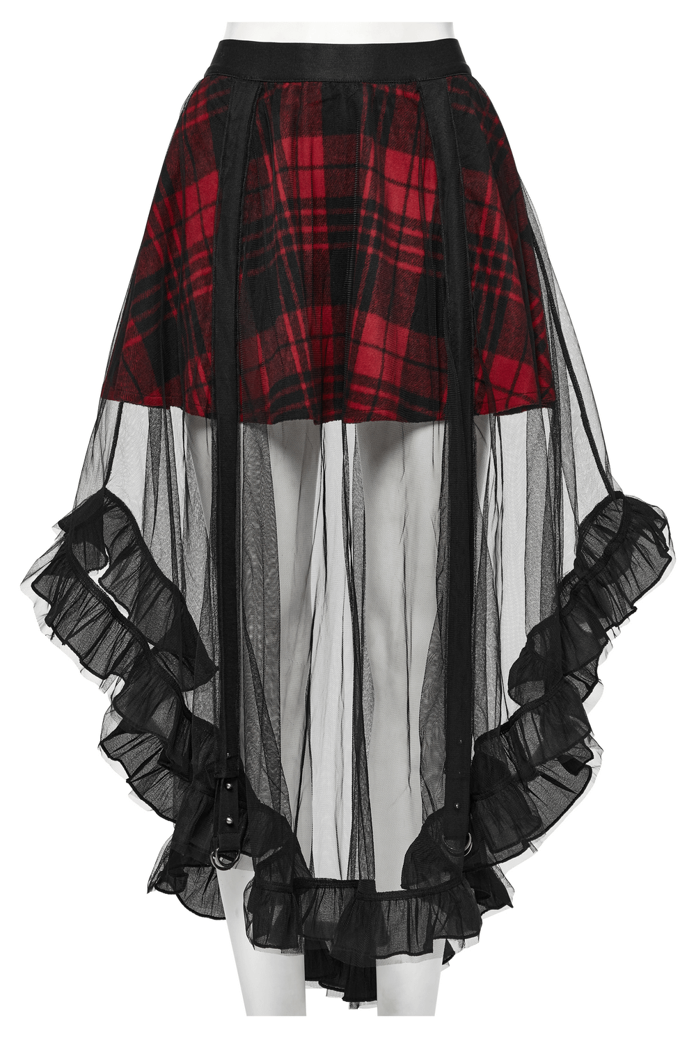 Gothic high low tulle skirt featuring red plaid design, ruffled trim, and adjustable pleats for a punk-inspired look.