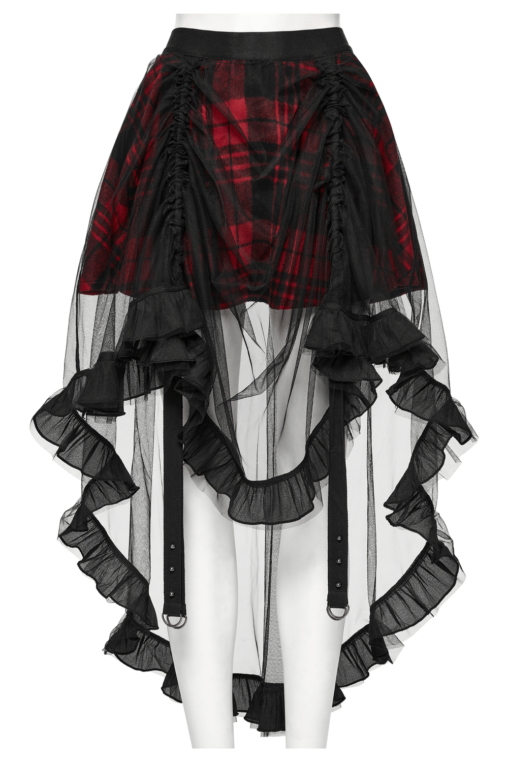 Gothic high-low tulle skirt in red plaid with ruffles and adjustable pleats, perfect for alternative fashion.