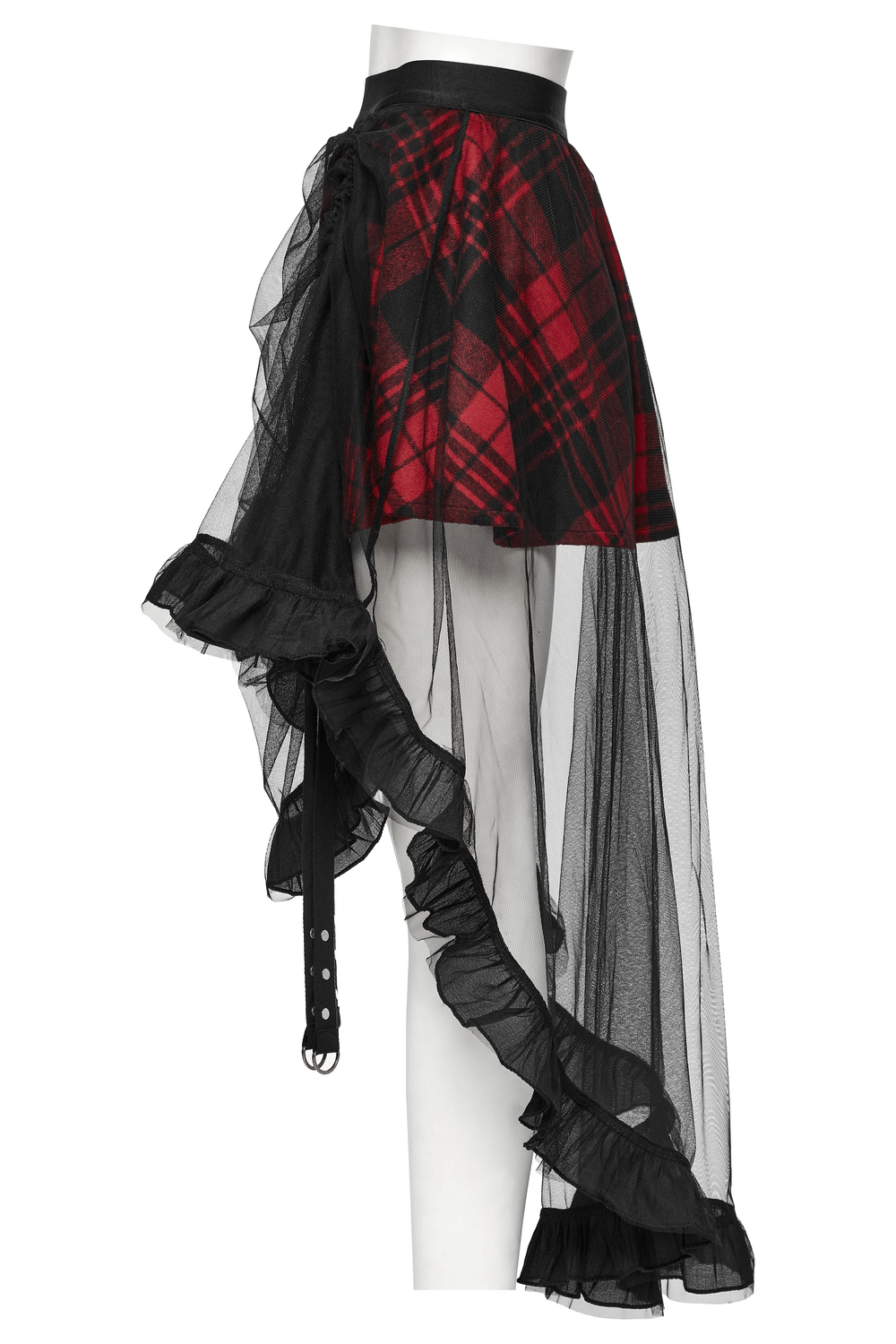 Gothic high low tulle skirt featuring red plaid design and ruffled mesh trim, perfect for alternative fashion.