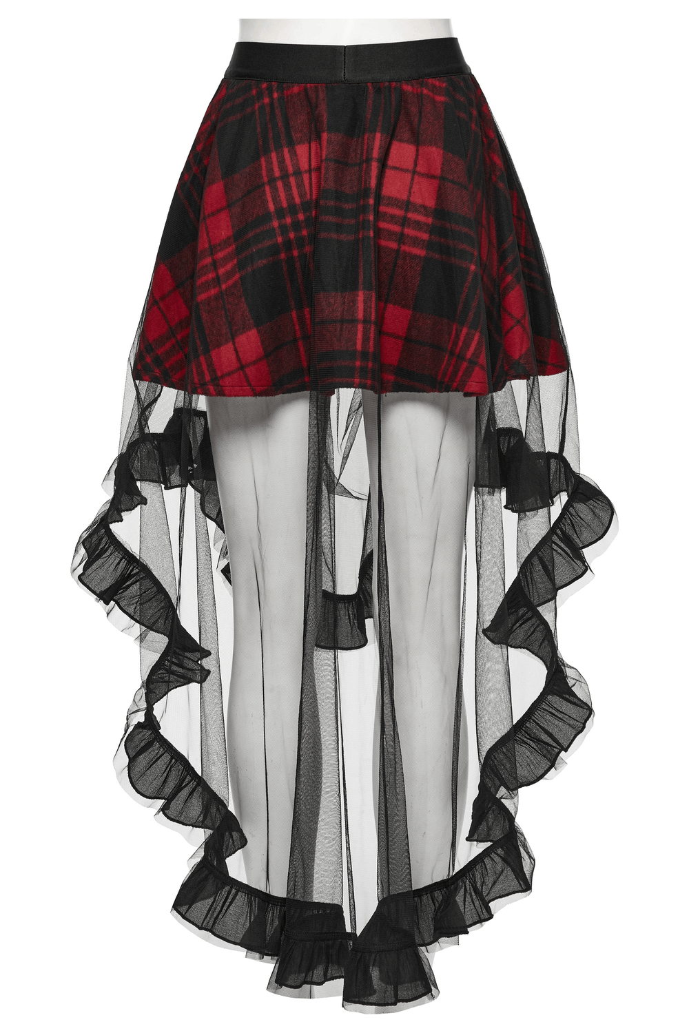 Gothic high low tulle skirt with red plaid design and ruffled trim, perfect for punk and alternative fashion.
