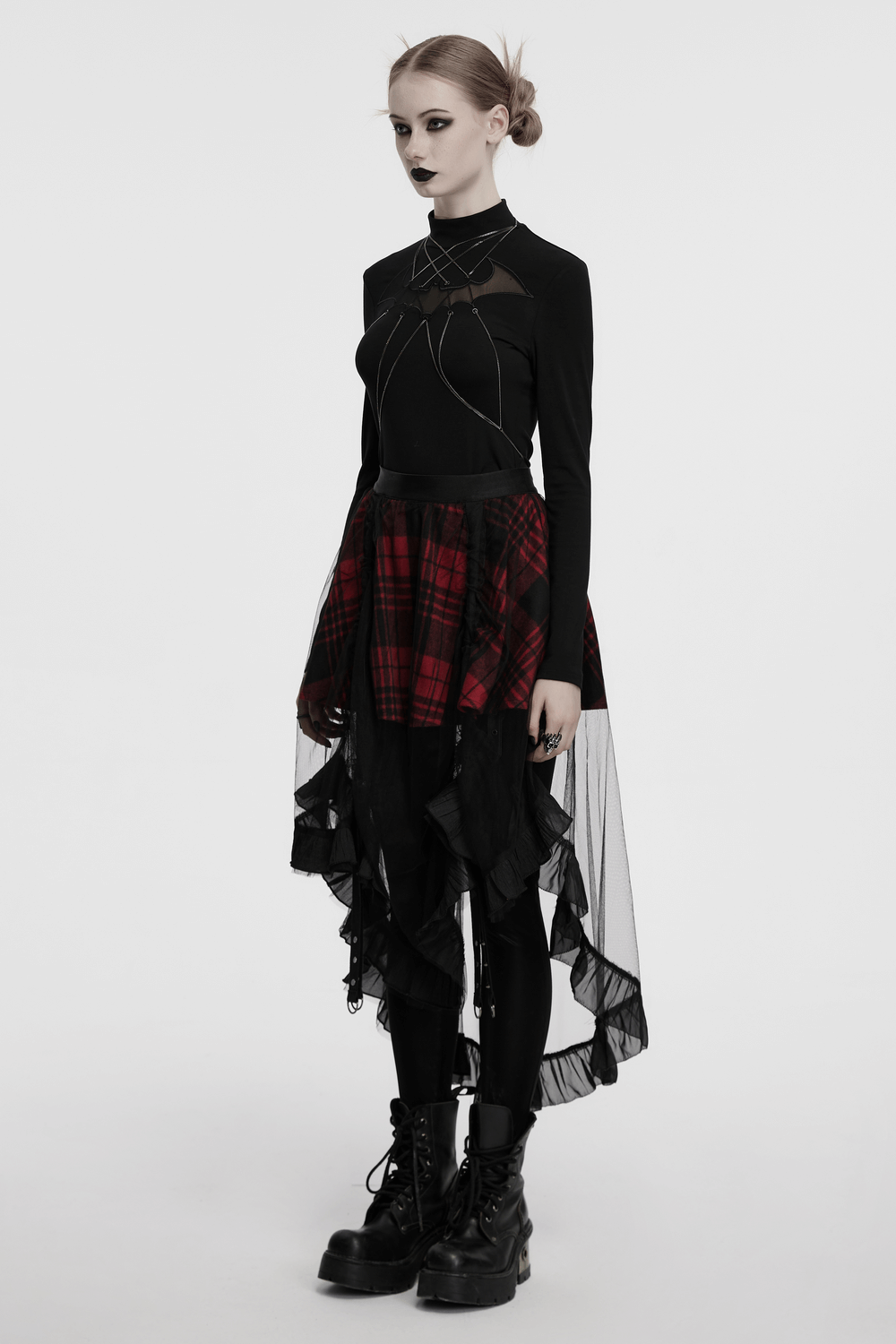 Gothic high low tulle skirt with red plaid design, featuring ruffles and studded trim for a punk flair.
