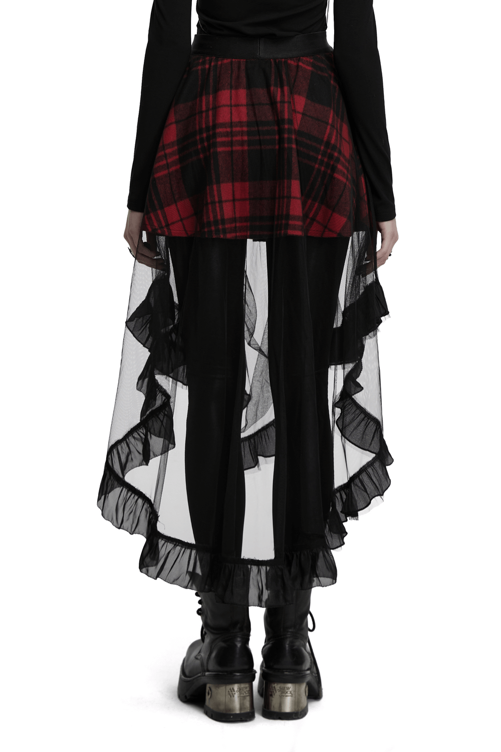 Back view of gothic high-low tulle skirt with red plaid design and ruffled trim, perfect for alternative fashion.