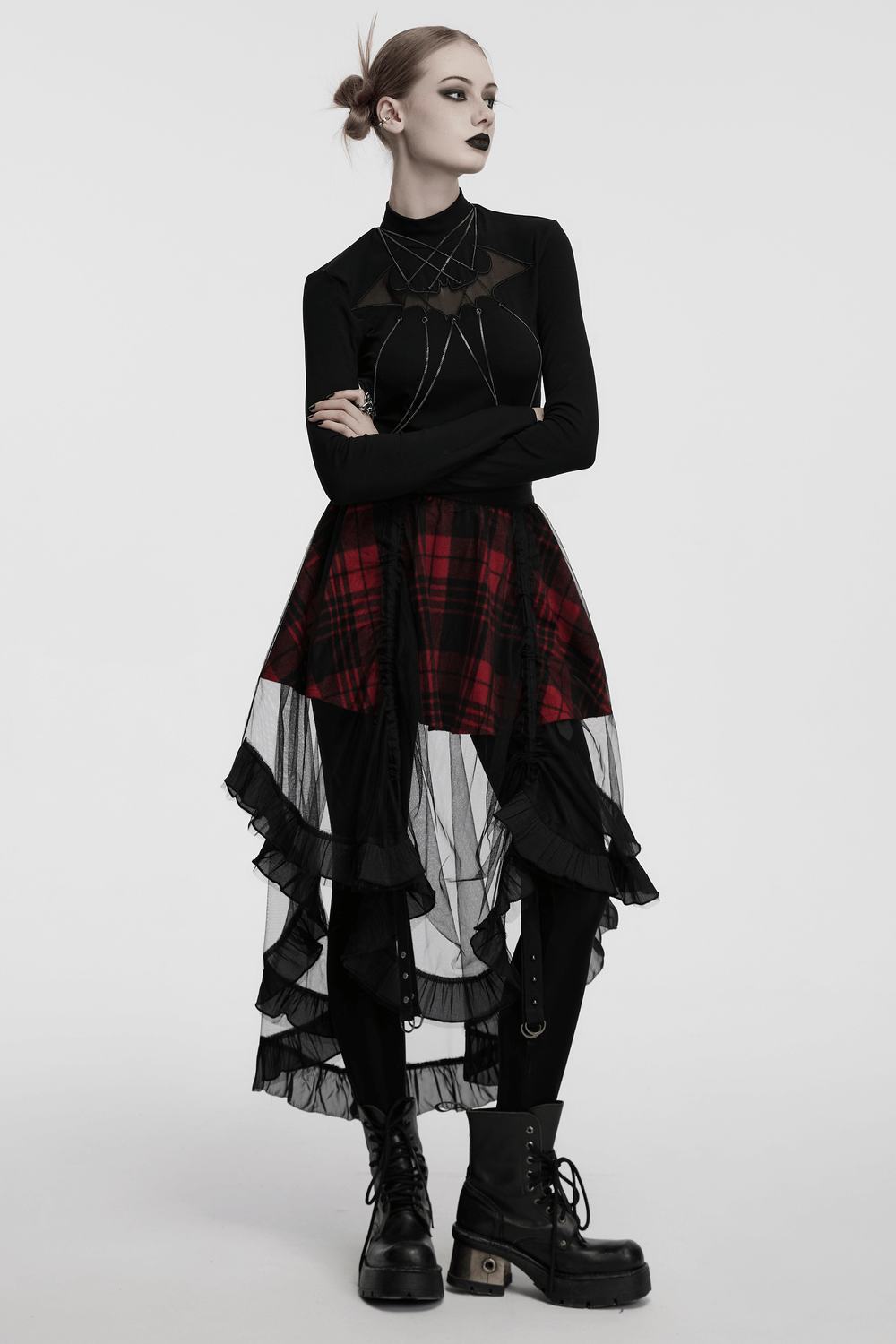 Gothic high-low tulle skirt with red plaid design, featuring ruffles and punk-inspired style for alternative fashion.