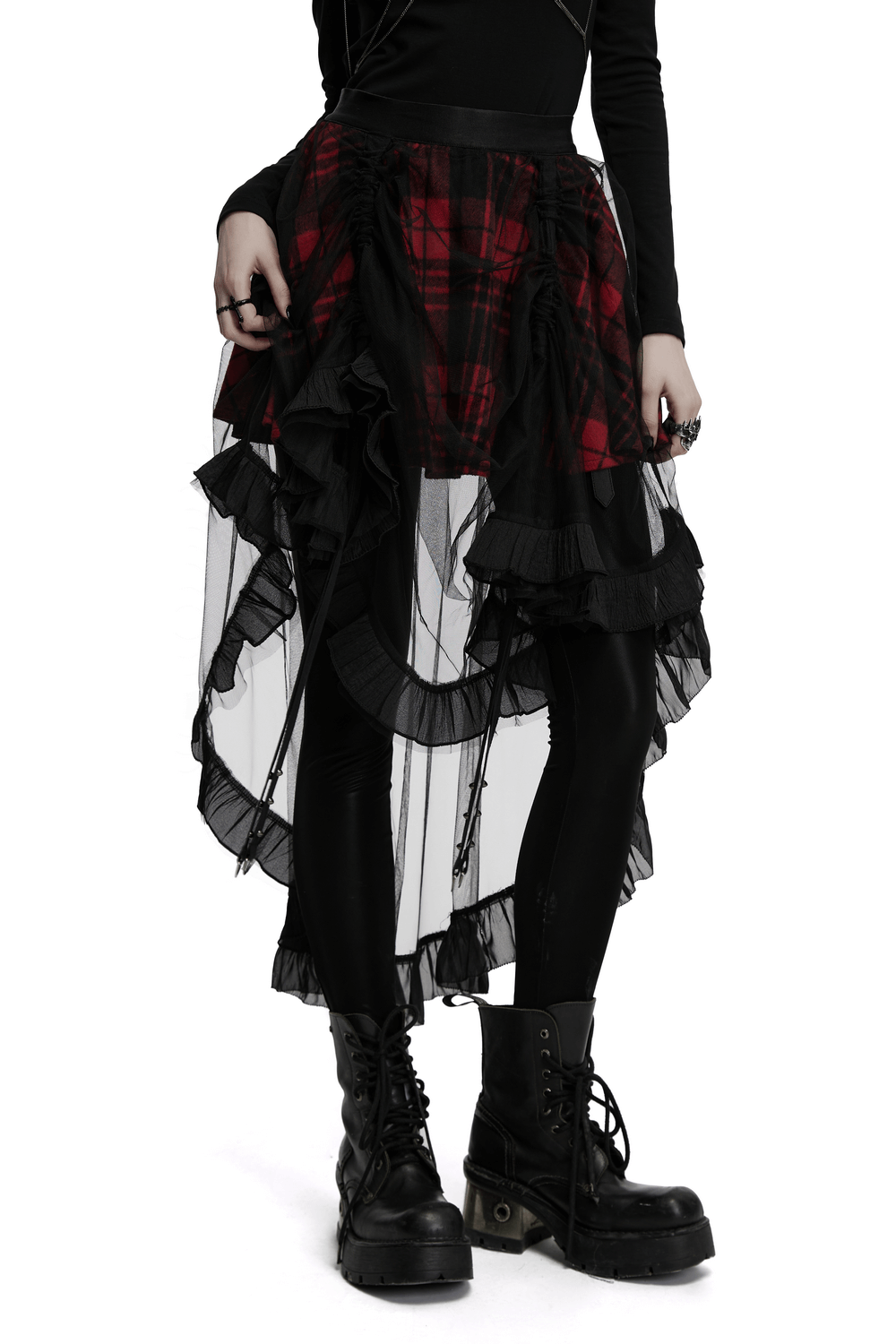Gothic high-low tulle skirt with red plaid design, ruffled trim, and adjustable pleats for a punk-inspired look.
