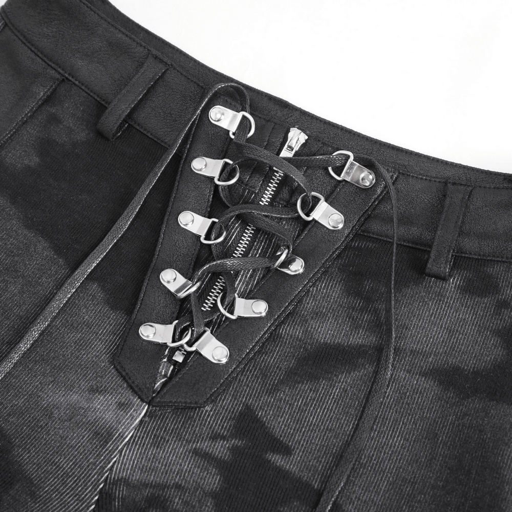 Close-up of Gothic high-waist lace-up pants featuring edgy hardware and intricate detailing.