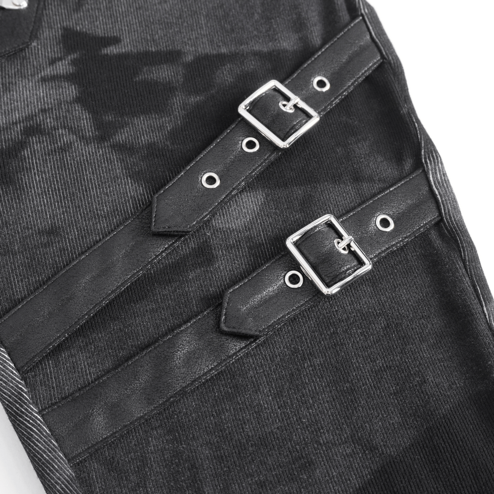 Close-up of Gothic high-waist lace-up pants featuring edgy buckles and straps for a punk fashion look.
