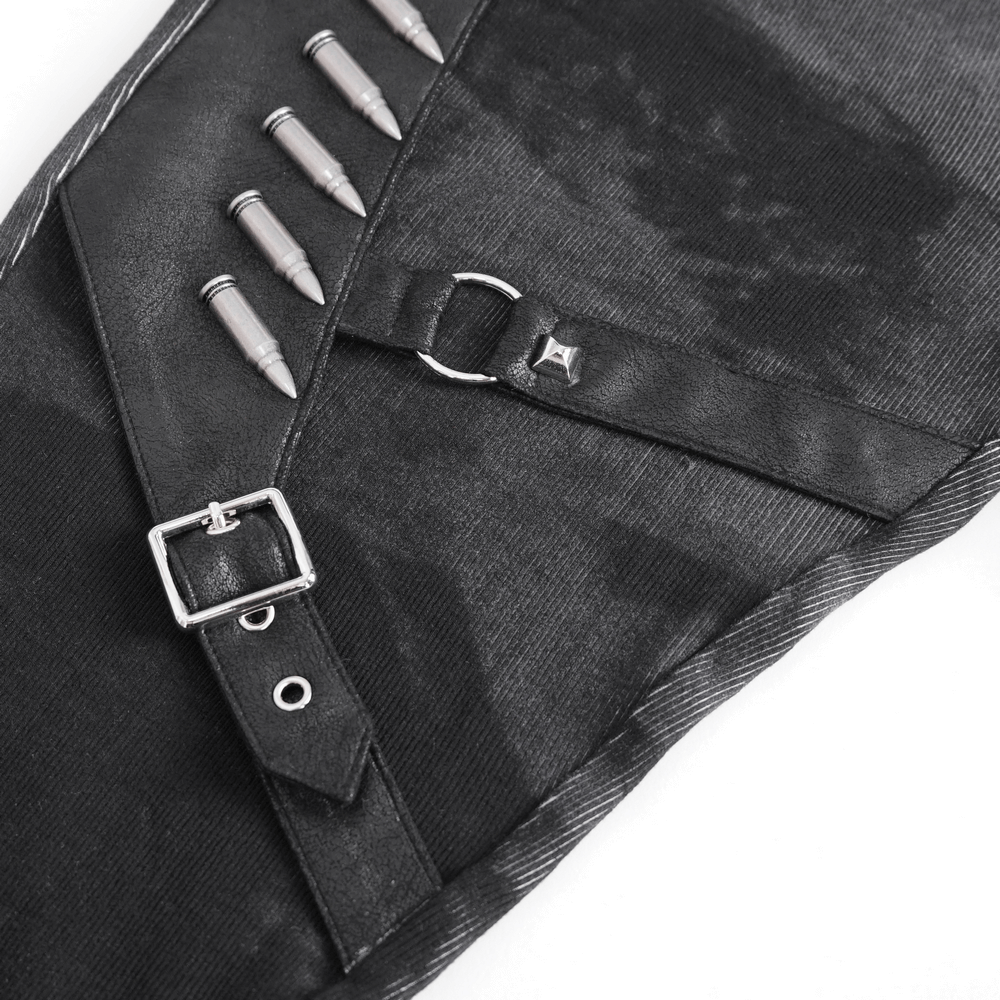 Detail of Gothic lace-up pants showing buckles and edgy bullet hardware for a punk fashion statement.