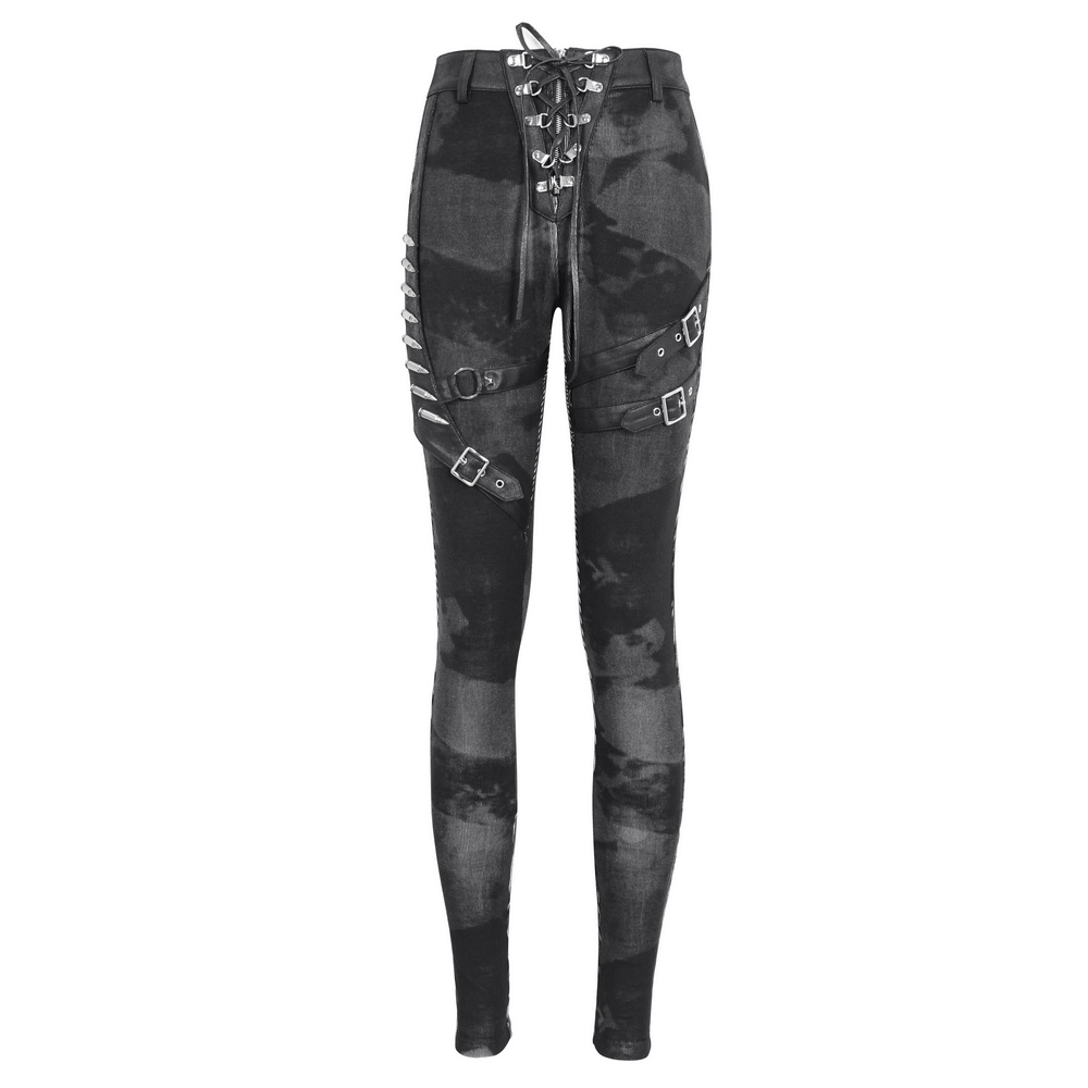 Gothic high-waist lace-up skinny pants with buckles and edgy hardware details for punk fashion.