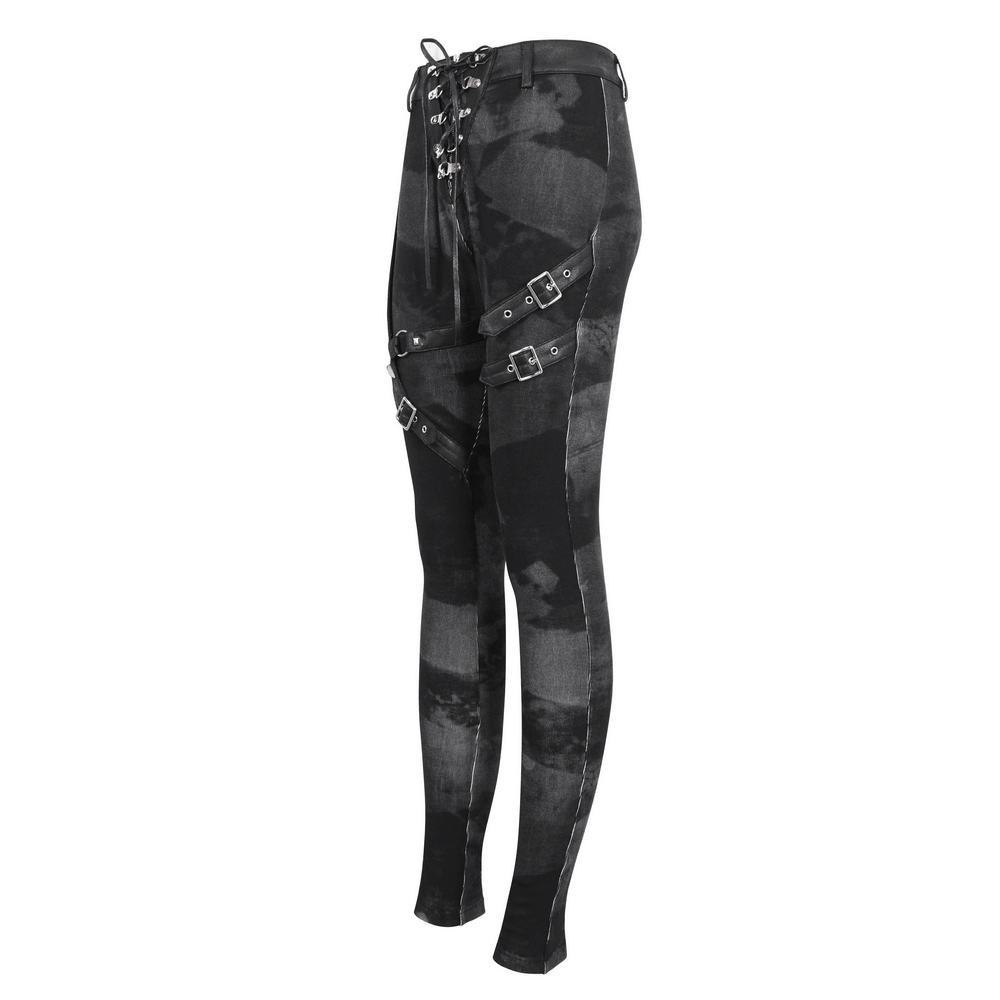 Gothic high-waist lace-up pants with buckles and straps, perfect for punk fashion lovers.