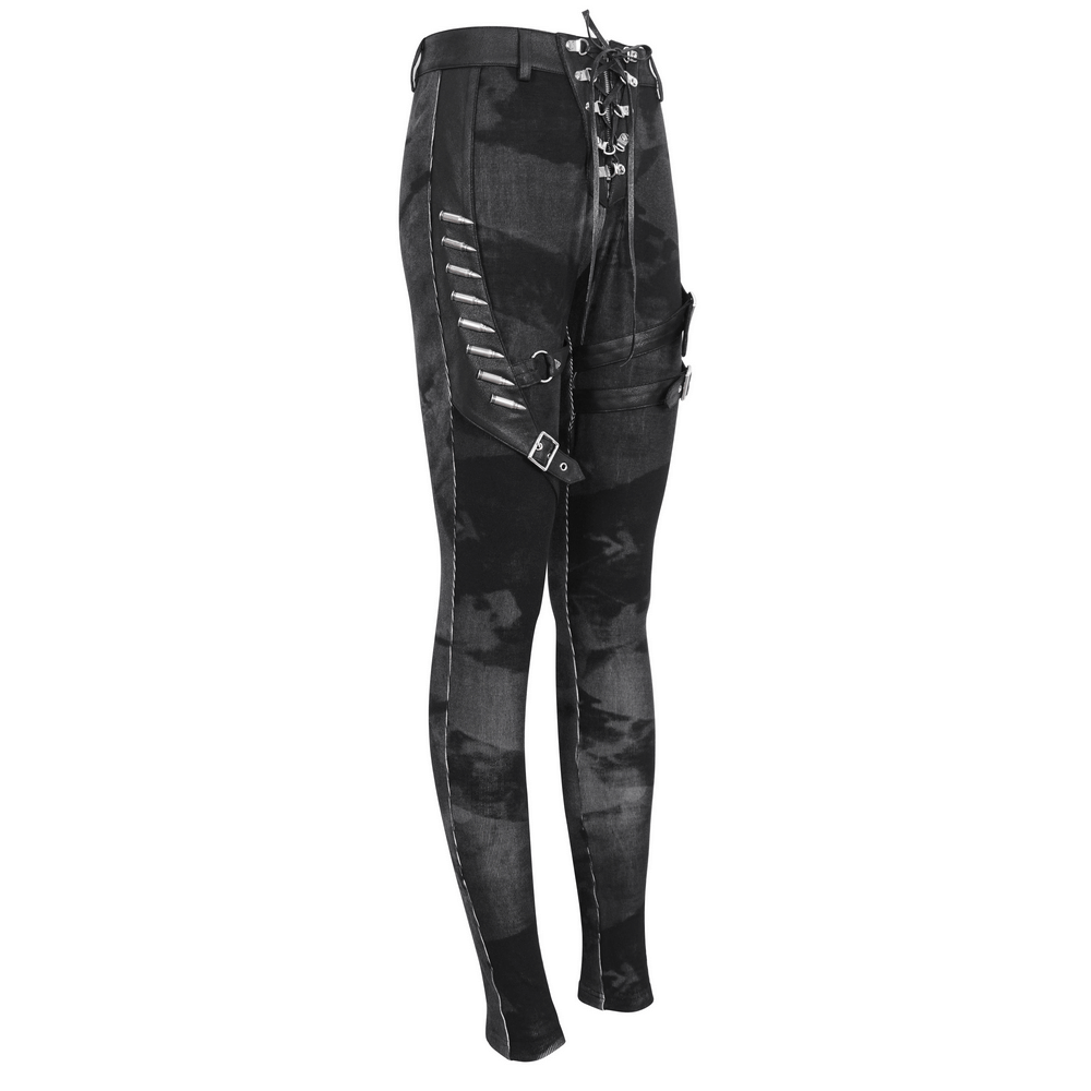 Gothic high-waist lace-up pants with buckles and edgy hardware for a punk look.