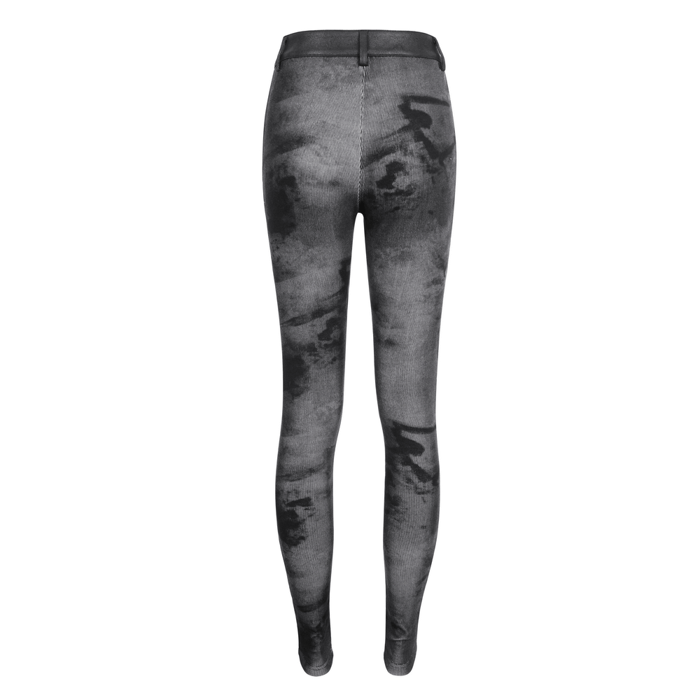 Back view of Gothic high-waist lace-up skinny pants in unique black wash with buckles and straps.