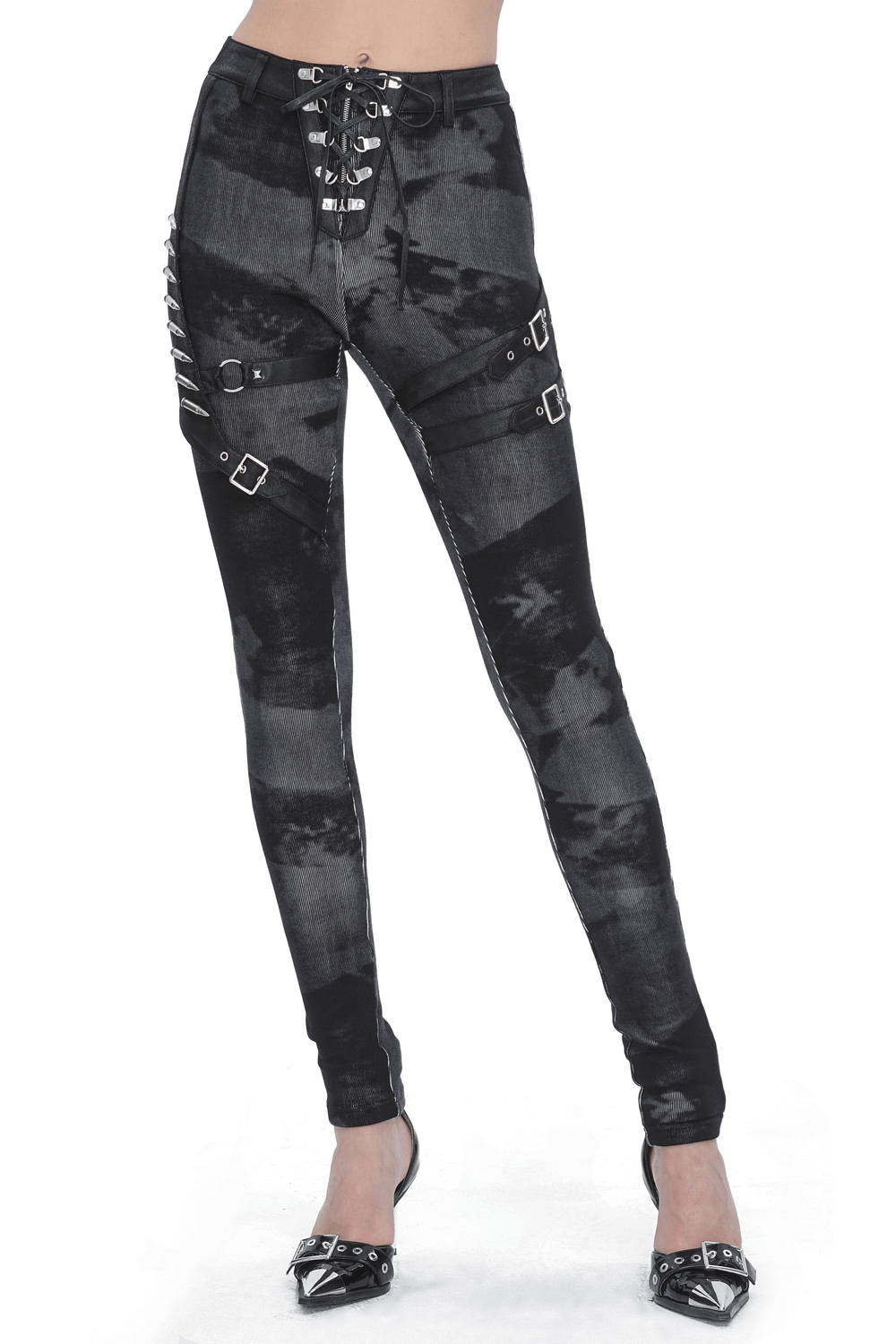 Gothic high-waist lace-up skinny pants with buckles and edgy hardware details.