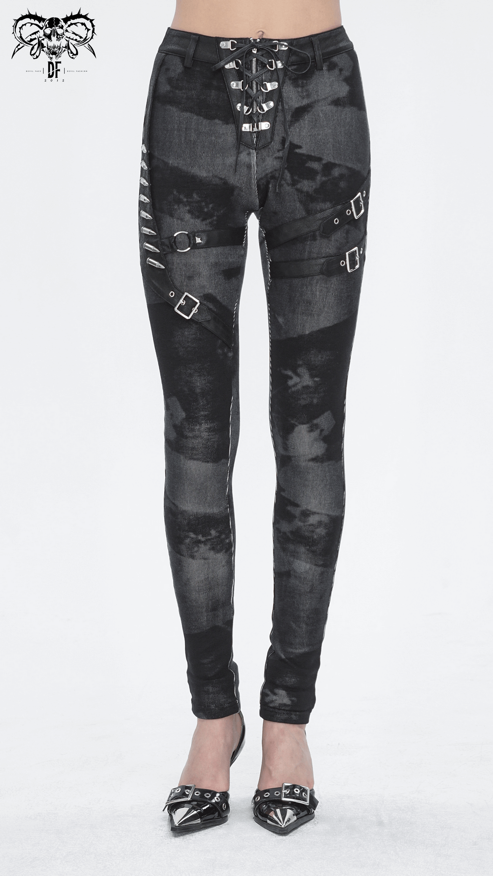 Gothic high-waist lace-up skinny pants with buckles and edgy hardware details for punk fashion.
