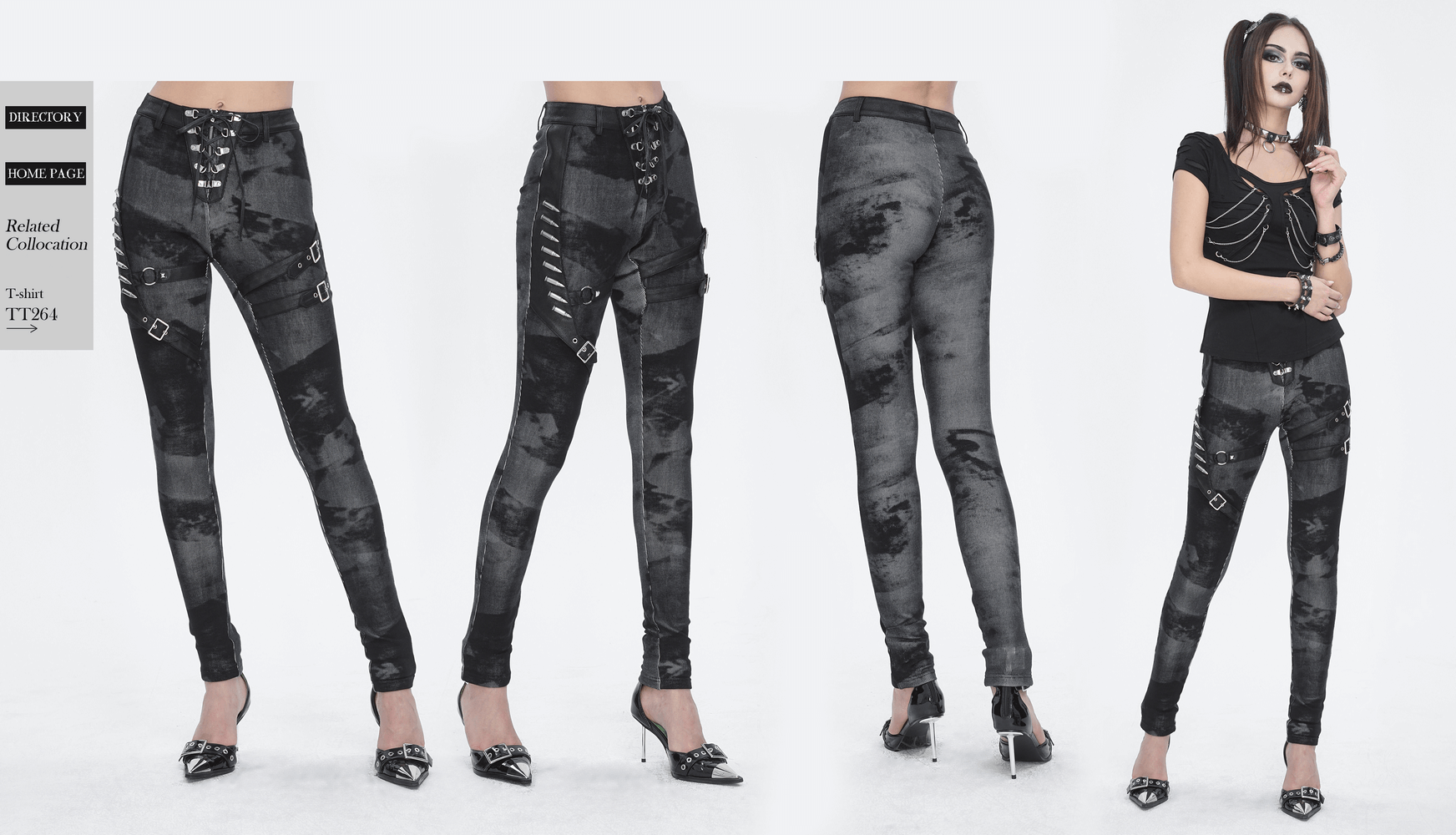 Gothic high-waist lace-up skinny pants with buckles and edgy hardware details for punk fashion.