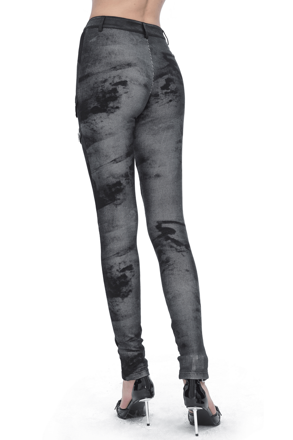 Gothic high-waist lace-up skinny pants with buckles and edgy details, featuring a unique wash and fitted design.