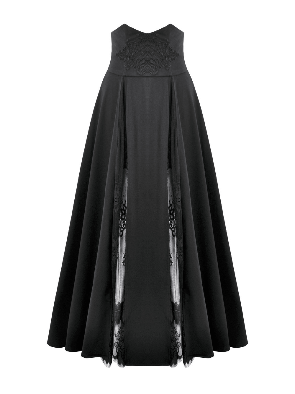 Gothic High Waist Maxi Skirt with Lace Panels, floor-length black skirt with lace inserts and high smocked waistband.