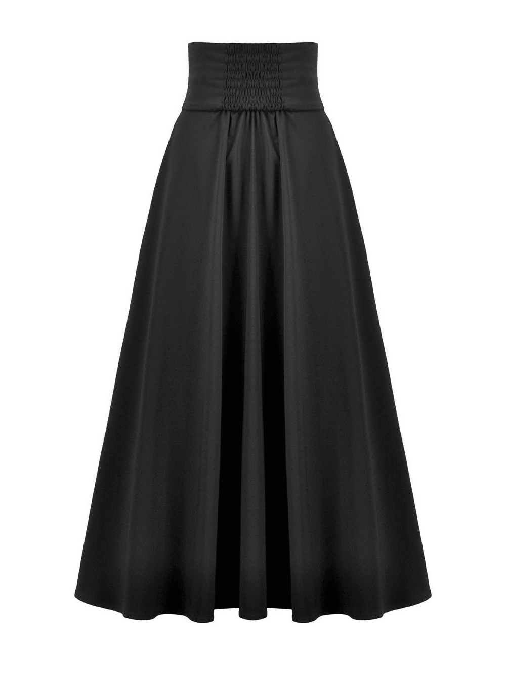 Gothic High Waist Maxi Skirt with Lace Panels in black satin-look fabric, featuring a smocked waistband and sweeping A-line silhouette.