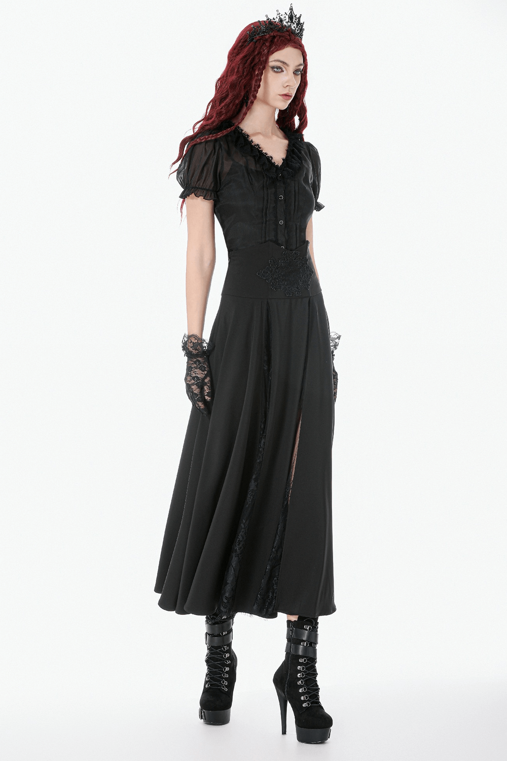 Gothic High Waist Maxi Skirt with Lace Panels styled with a dramatic top and edgy platform boots.