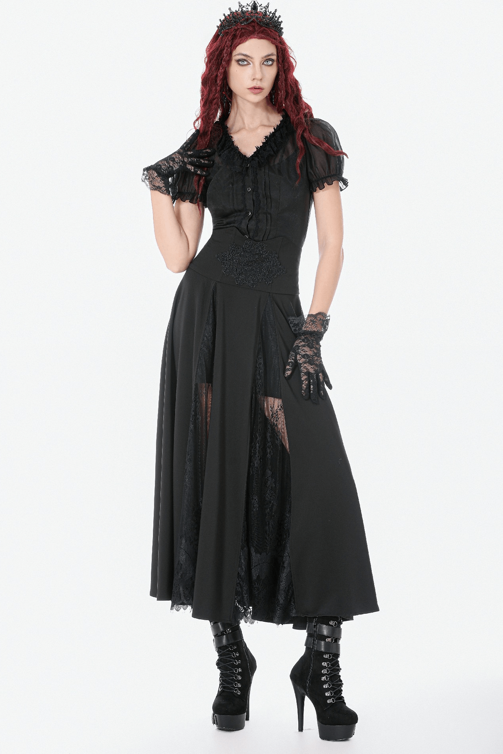 Gothic High Waist Maxi Skirt with Lace Panels showcased on a model, featuring lace inserts and dramatic silhouette.