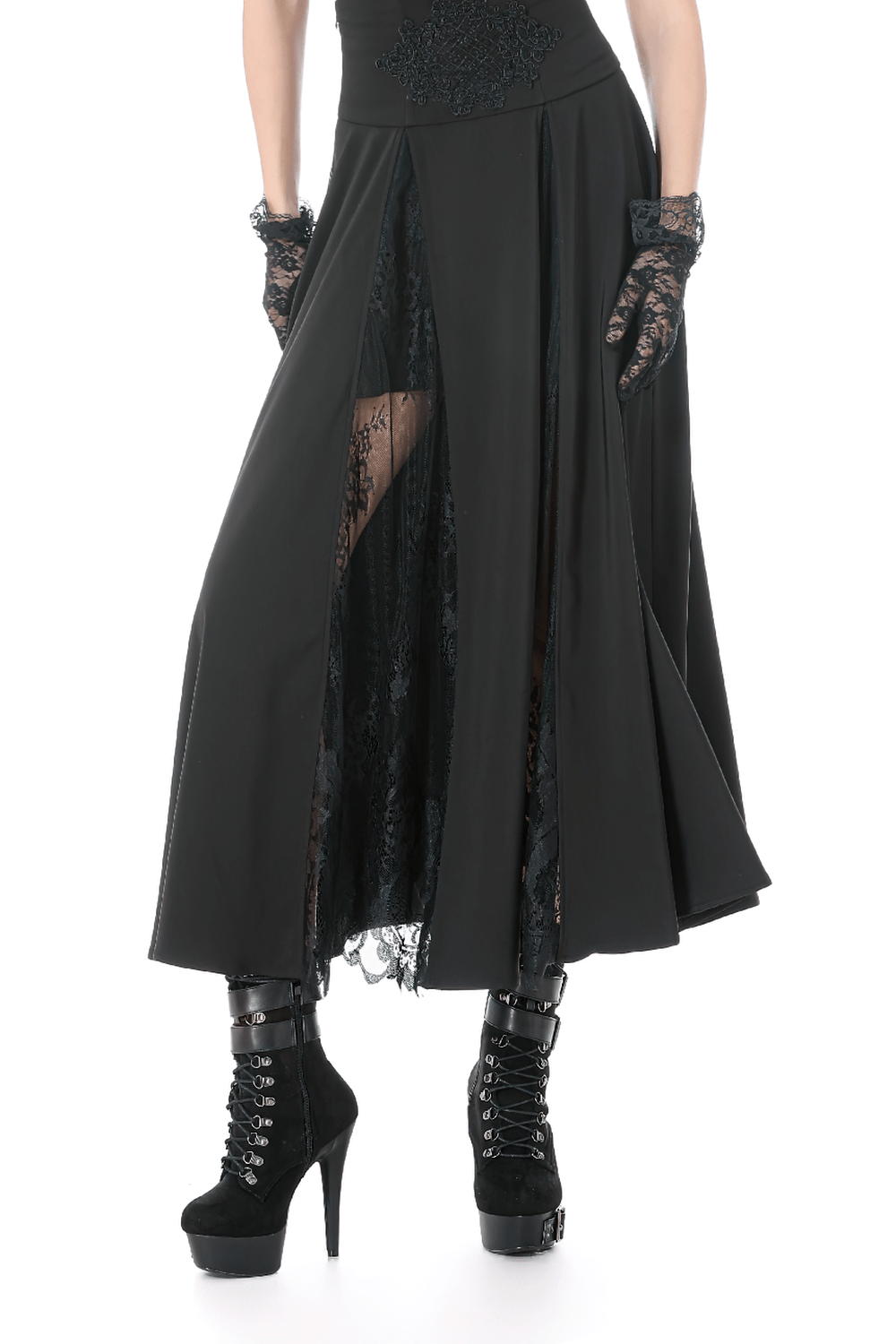 Gothic High Waist Maxi Skirt with Lace Panels featuring dramatic side slits and lace details, paired with edgy platform boots.