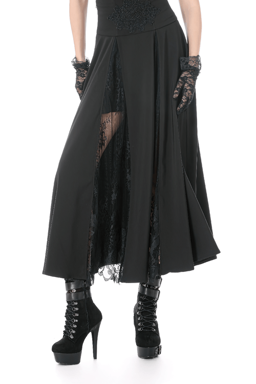 Jupe Maxi Taille Haute Gothique avec Panneaux en Dentelle