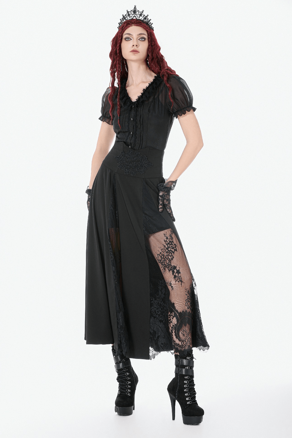 Gothic High Waist Maxi Skirt with Lace Panels styled with a black corset and platform boots for a dramatic gothic look.