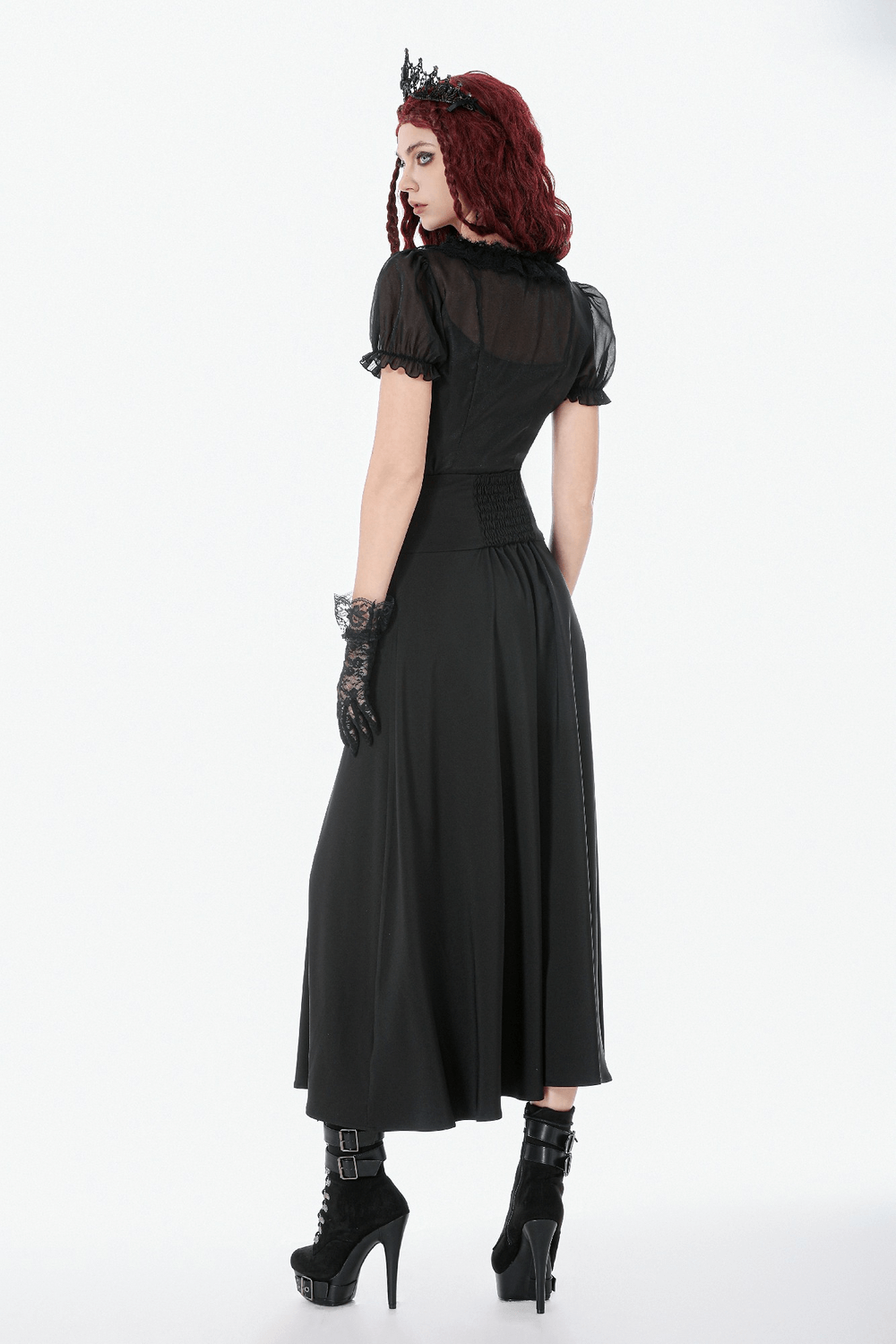 Gothic High Waist Maxi Skirt with Lace Panels worn by a model from the back, showcasing the flowing design and details.