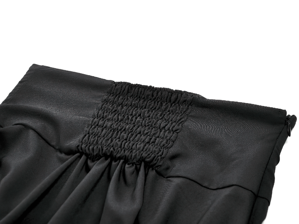 Gothic High Waist Maxi Skirt with Lace Panels showcasing the smocked waistband detail in a sleek black fabric.