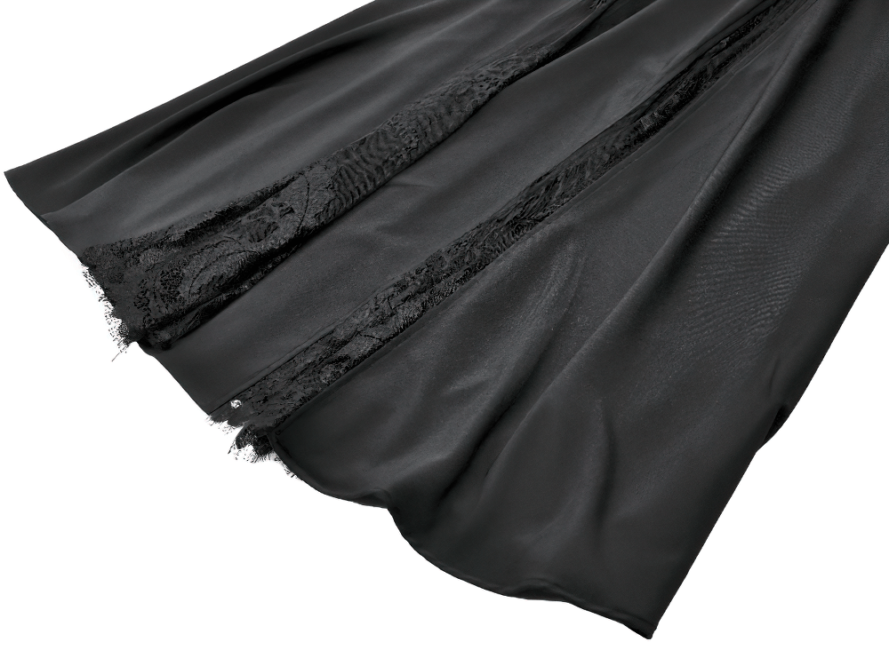 Gothic High Waist Maxi Skirt with Lace Panels showcasing black satin fabric and intricate lace detail.