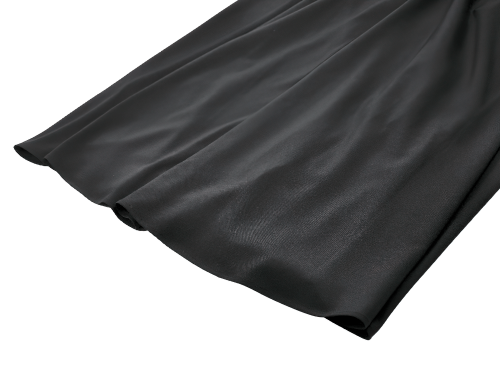 Gothic High Waist Maxi Skirt with Lace Panels, showcasing luxurious black satin fabric and layered hem detail.
