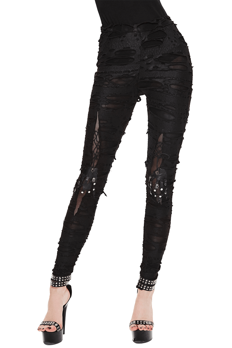 Gothic High Waist Pants for Women / Black Pant with Leather Hand Print on the Knees - HARD'N'HEAVY