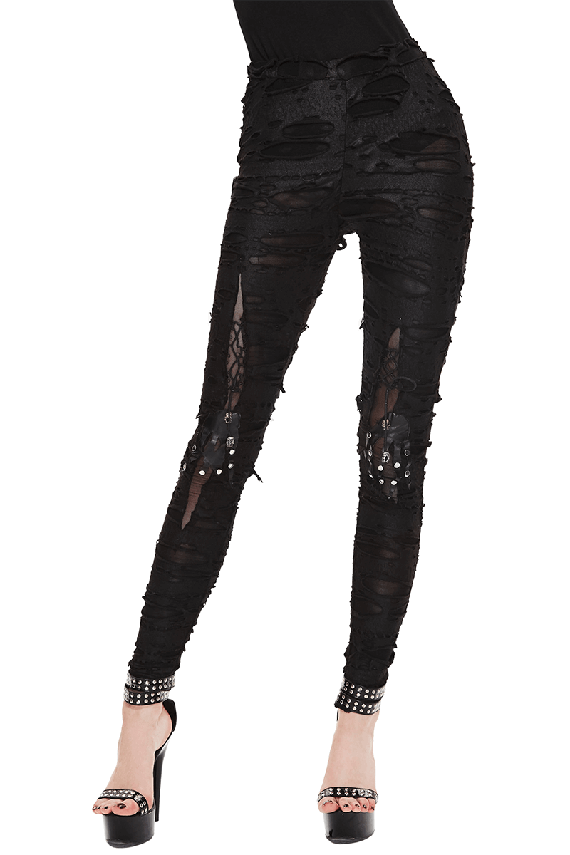 Gothic high waist women's black pants with leather print and distressed details, perfect for a bold, edgy look.