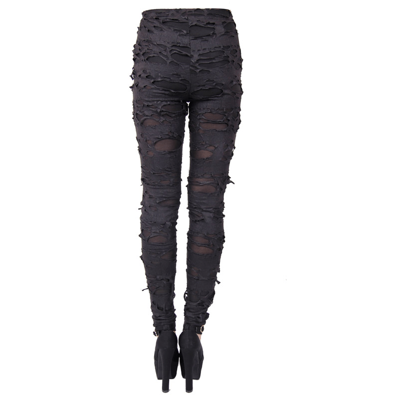 Gothic high waist black pants with torn inserts, showcasing a form-fitting cut and trendy distressed detail.
