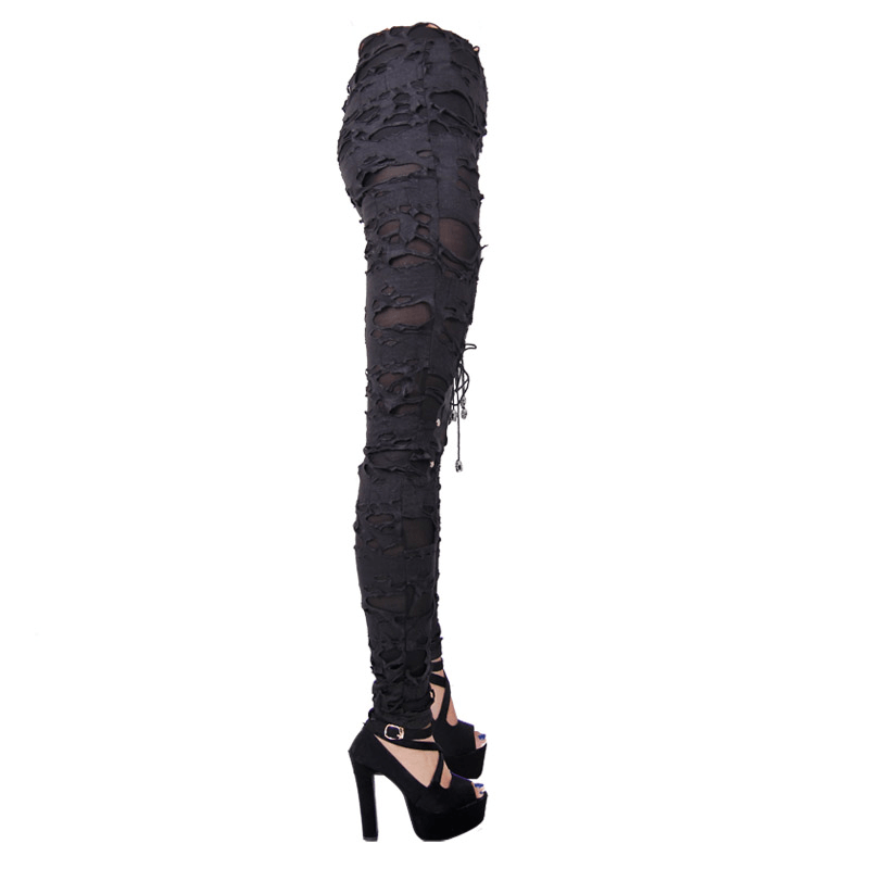 Gothic high waist black pants with torn inserts, perfect for a stylish, edgy look.