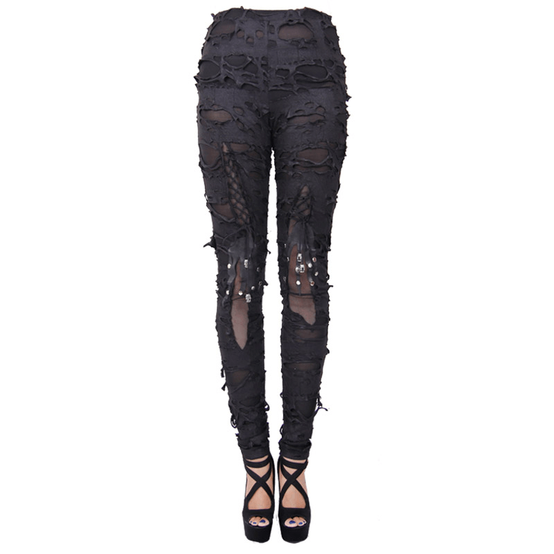 Gothic high waist black pants for women with distressed detailing and leather hand print, perfect for edgy fashion statements.
