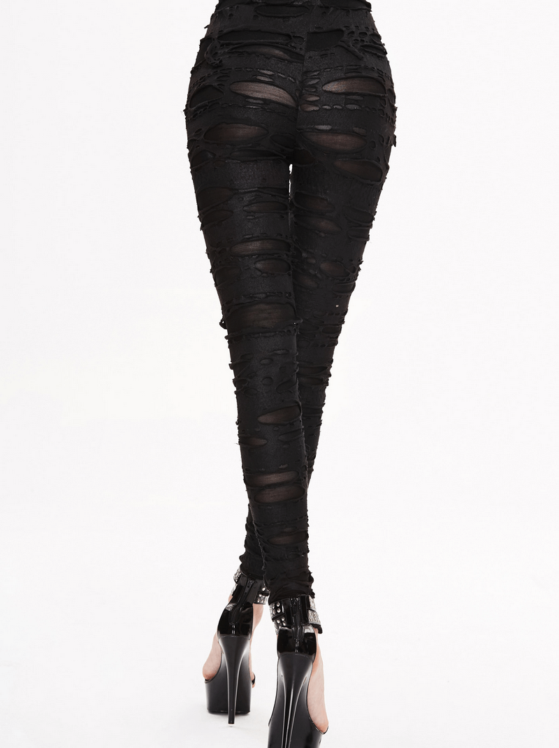 Women's gothic black high waist pants with torn inserts, form-fitting style, perfect for edgy fashion statements.