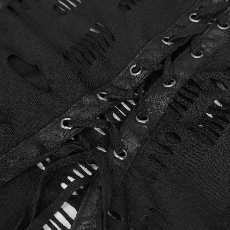 Close-up of gothic holes off-the-shoulder top featuring lace-up detail and edgy black fabric textures.