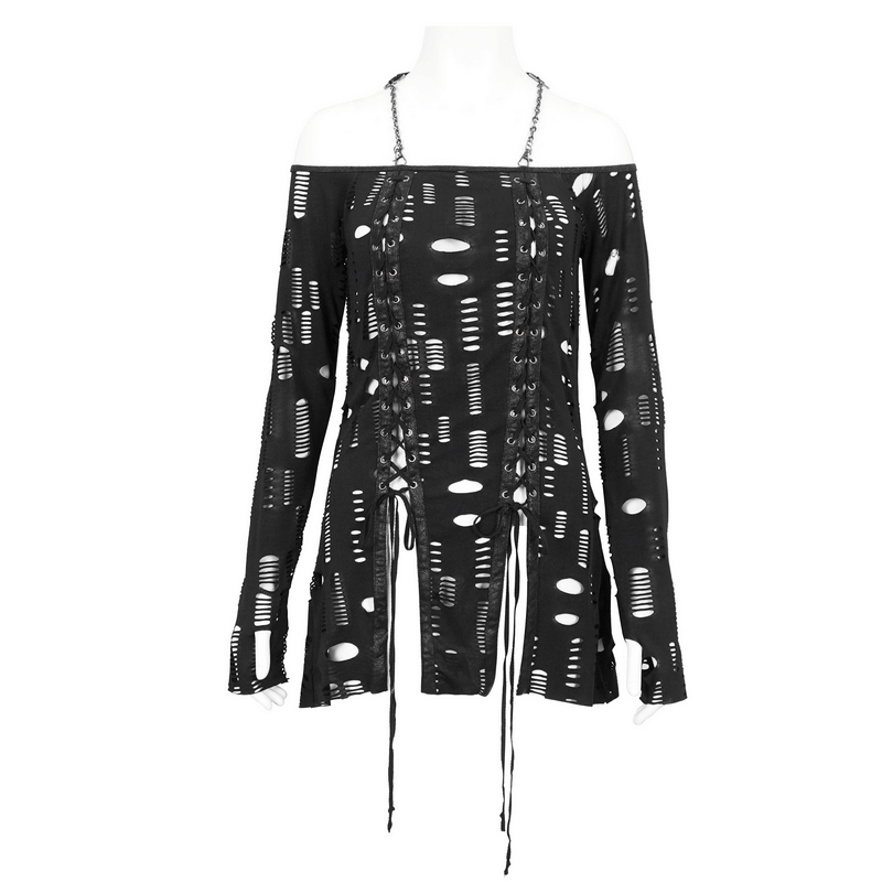 Gothic holes off-the-shoulder top with lace-up front and black chain halter neckline for edgy style.