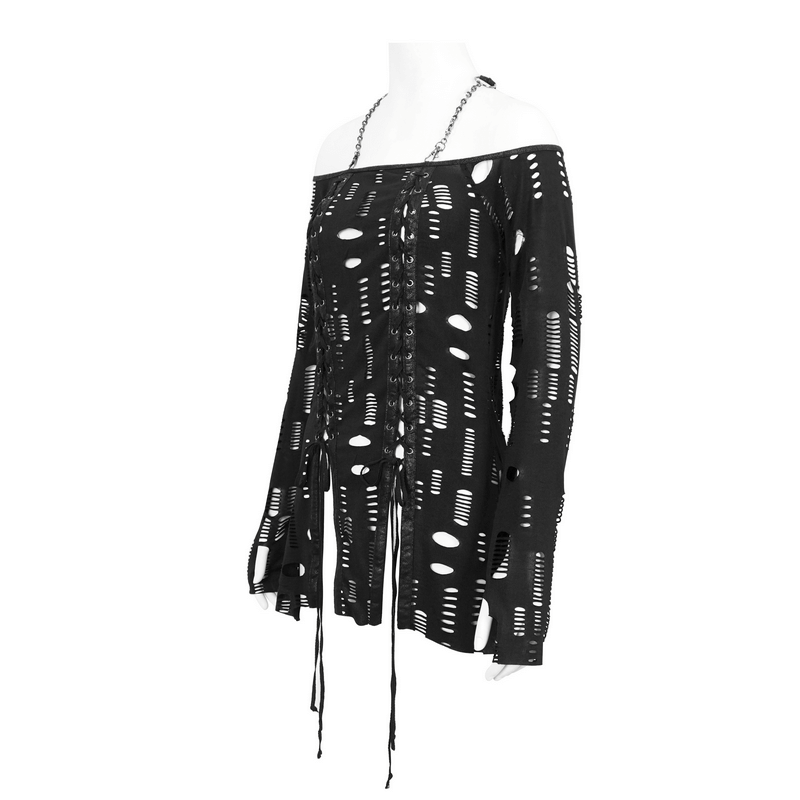 Women’s gothic holes off-the-shoulder top with lace-up front and black chain halter neckline, showcasing edgy style.