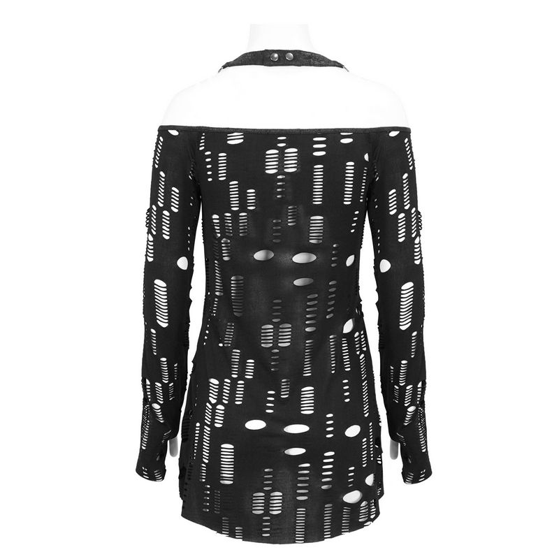 Back view of gothic holes off-the-shoulder top with lace-up, featuring edgy cutouts and black chain halter neckline.