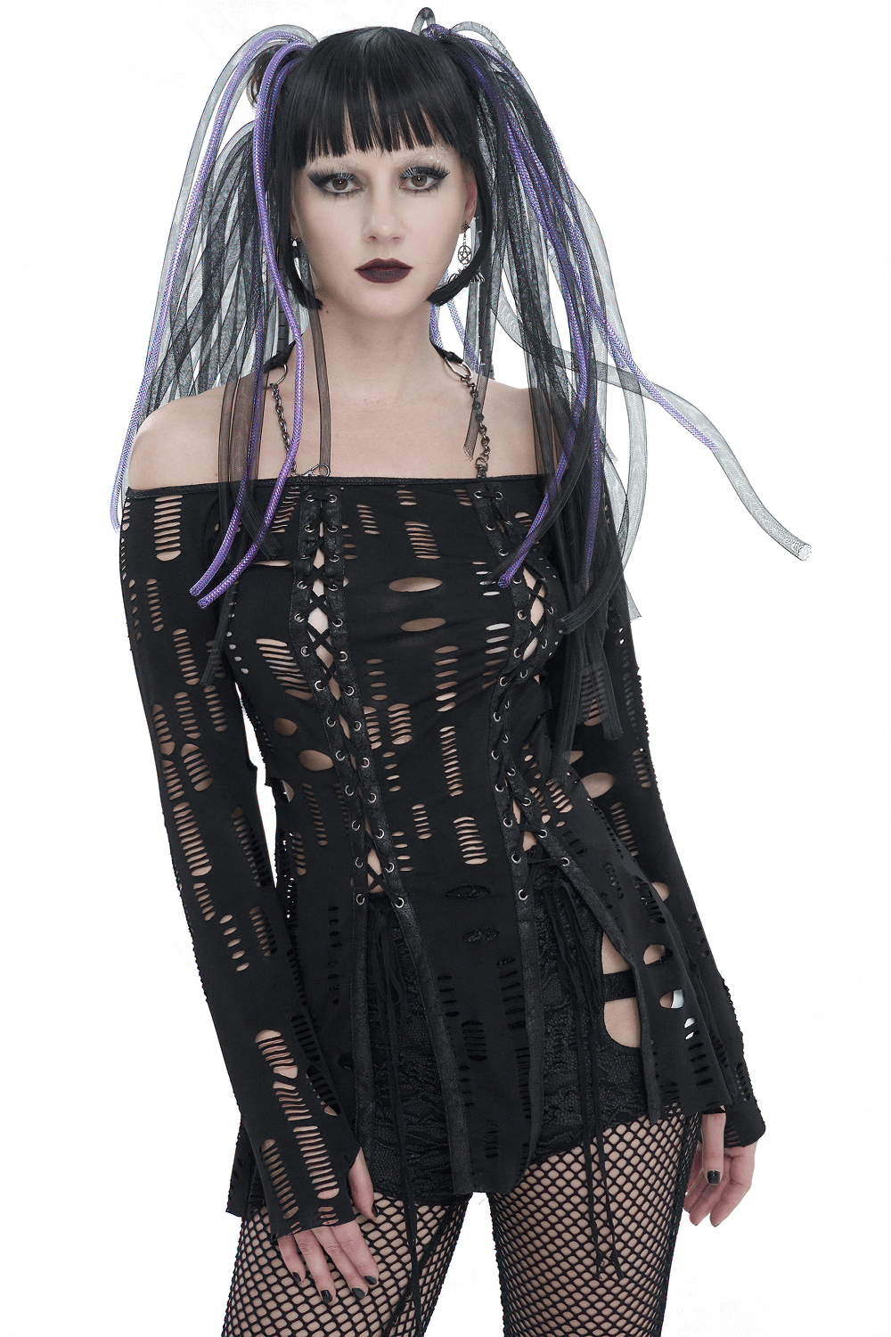 Gothic holes off-the-shoulder top with lace-up front and black chain halter neckline, edgy and stylish.