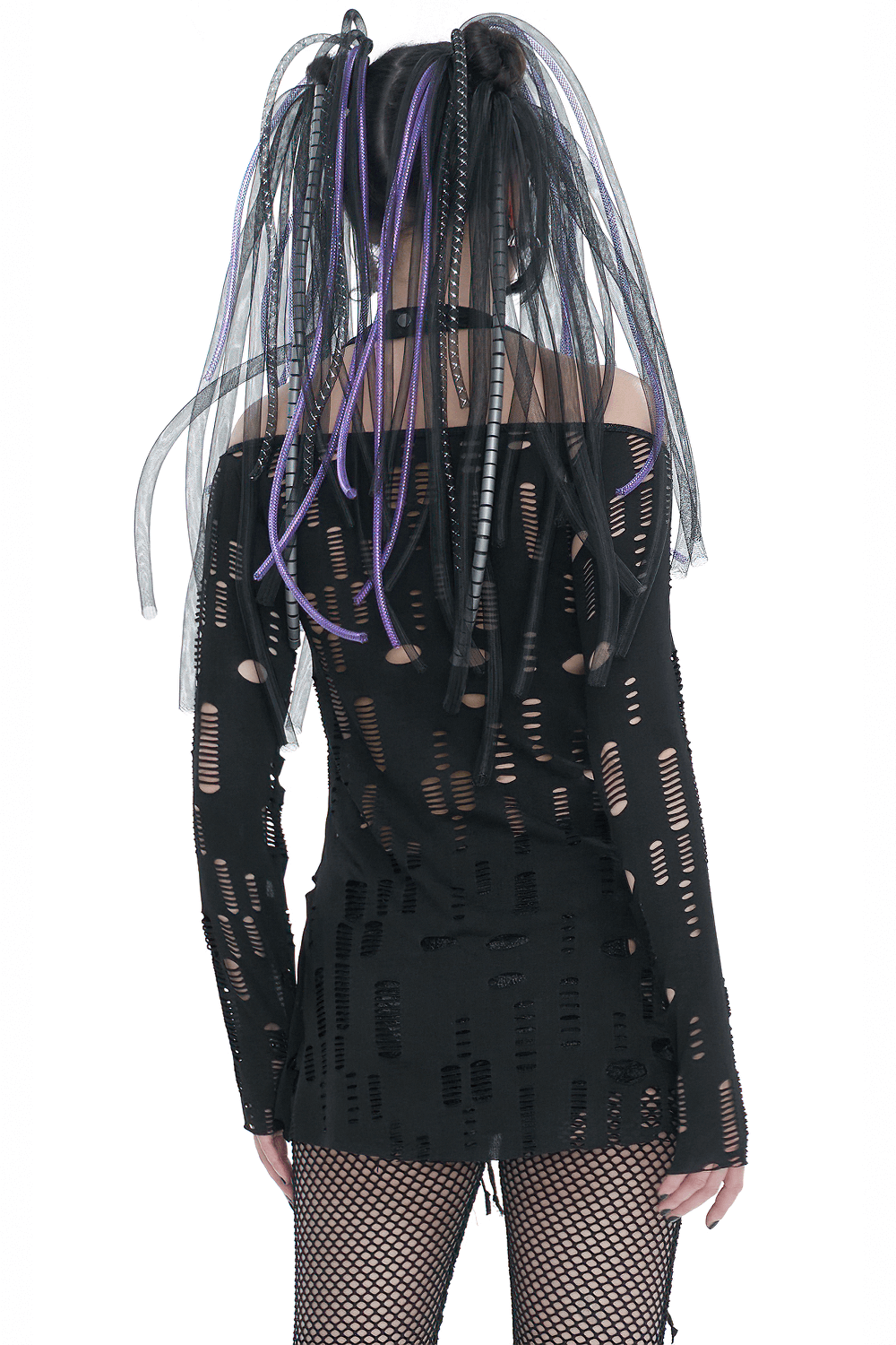 Back view of a women's gothic holes off-the-shoulder top, featuring edgy cutouts and striking hair accessories.