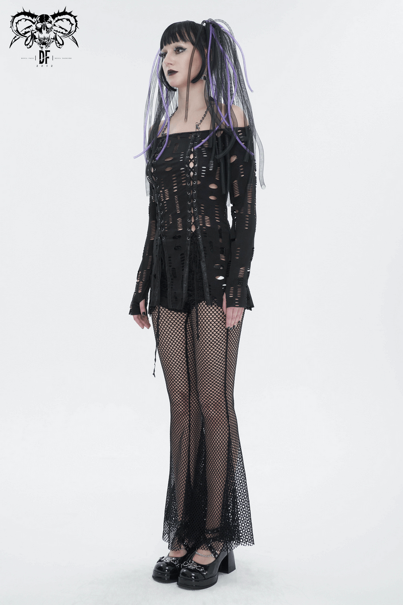 Gothic off-the-shoulder top with lace-up front and black chain halter, paired with edgy fishnet bottoms.