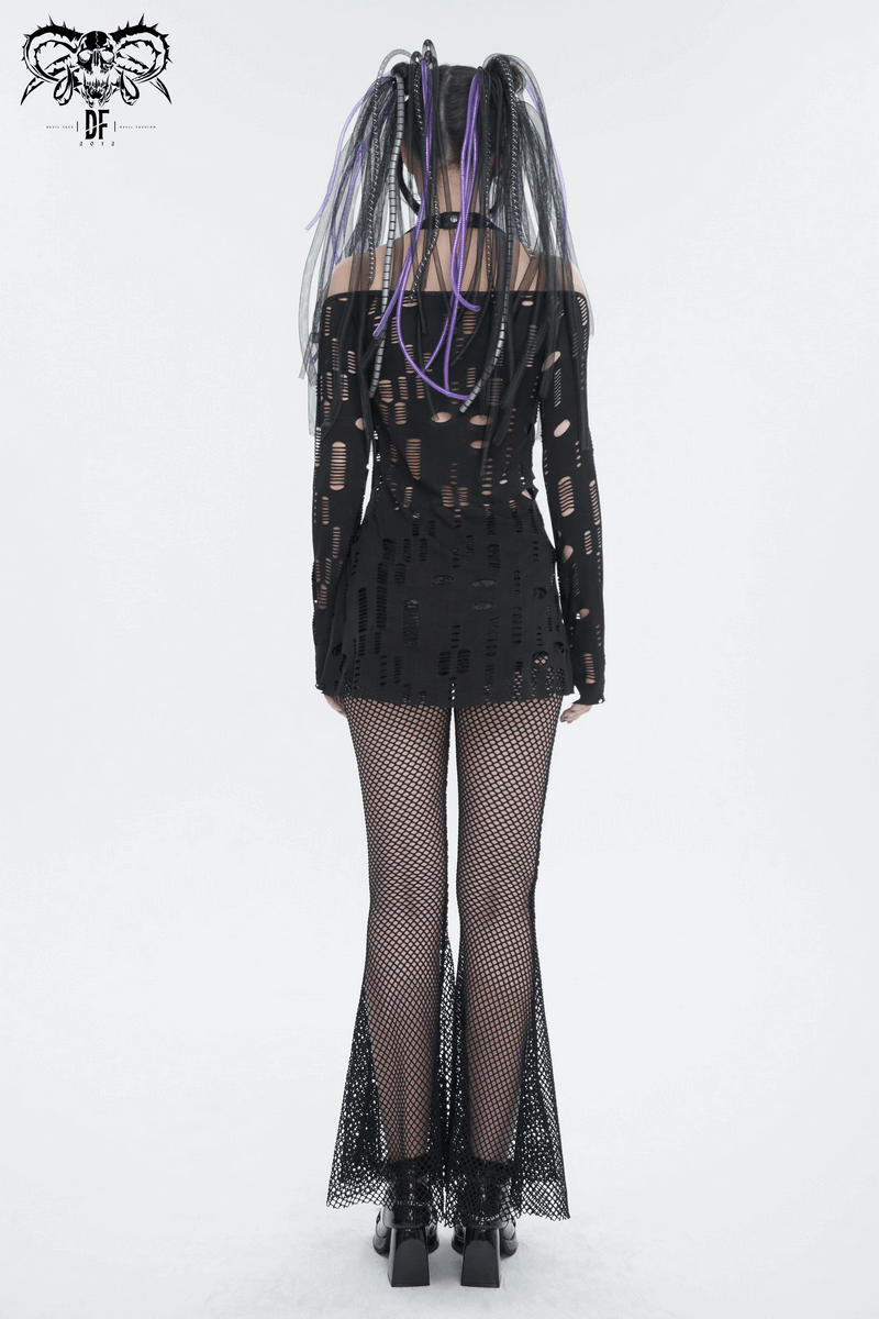 Back view of women's gothic off-the-shoulder top with lace-up design and fishnet stockings.