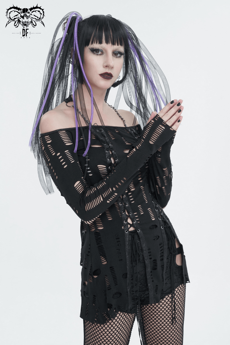 Gothic Holes Off-The-Shoulder Top with Lace-Up on Front / Black Chain Halter Neckline Tops - HARD'N'HEAVY