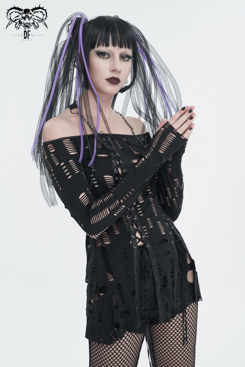 Gothic off-the-shoulder top with lace-up front and black chain halter neckline, perfect for edgy style.