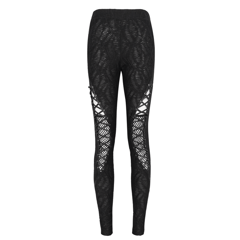 Gothic lace-up leggings with mesh patchwork, perfect for a bold fashion statement.