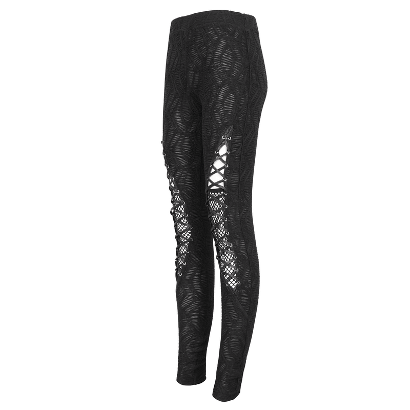 Gothic hollow out lace-up leggings with mesh patchwork, showcasing edgy style and dark elegance.