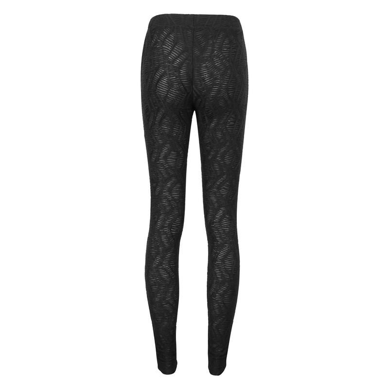 Gothic black leggings with intricate hollow-out design and mesh patchwork for a bold fashion statement.